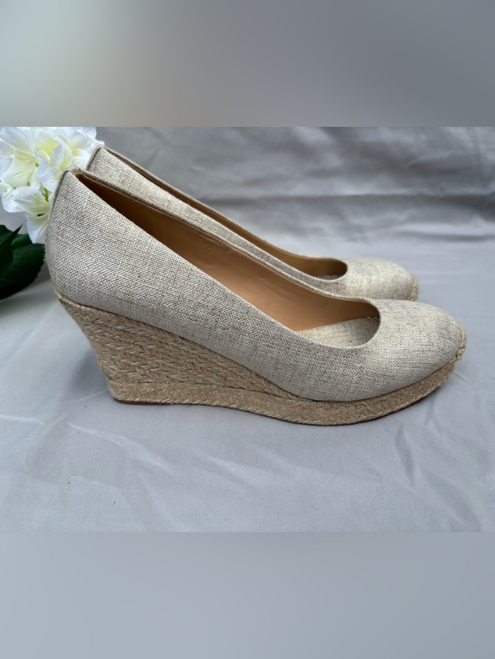 J. Crew Natural Linen Espadrille Wedge Pumps size 8.5